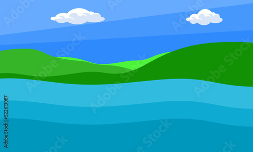 Riverbank Illustration. water and land resources. grass, mountains and the lake. Riverbank vector 