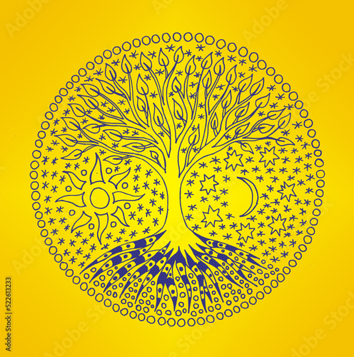 Tree of life in the center of a circular mandala. Sun and moon. Elegant openwork pattern. Blue on yellow, the colors of the flag of Ukraine.