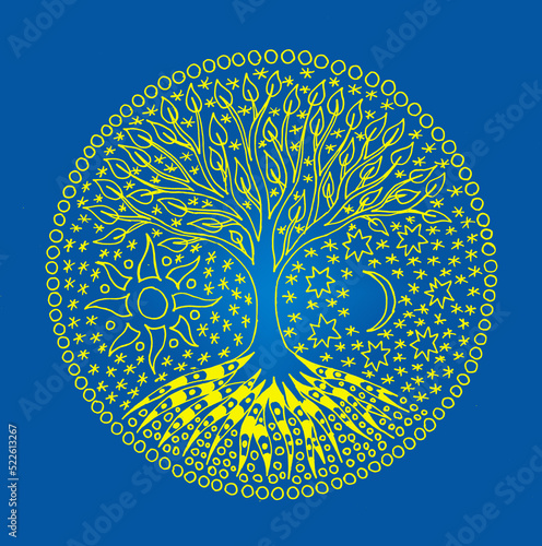 Tree of life in the middle of a circular mandala. Elegant openwork pattern. Yellow on blue, the colors of the flag of Ukraine.
