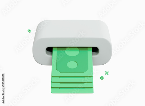 3D Withdrawing cash from ATM. Cash dollar bills. Cashing out of finances. Bank payment concept. Currency contribution. Cartoon creative design icon isolated on white background. 3D Rendering photo