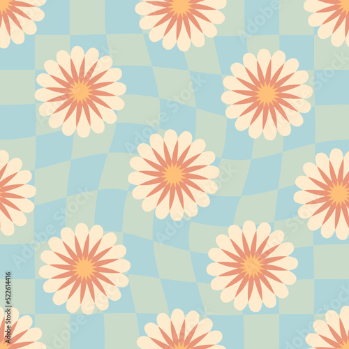 Groovy seamless pattern with abstract flowers in 1960 style. Floral aesthetic print for fabric  paper  stationery. Retro vector illustration for decor and design.