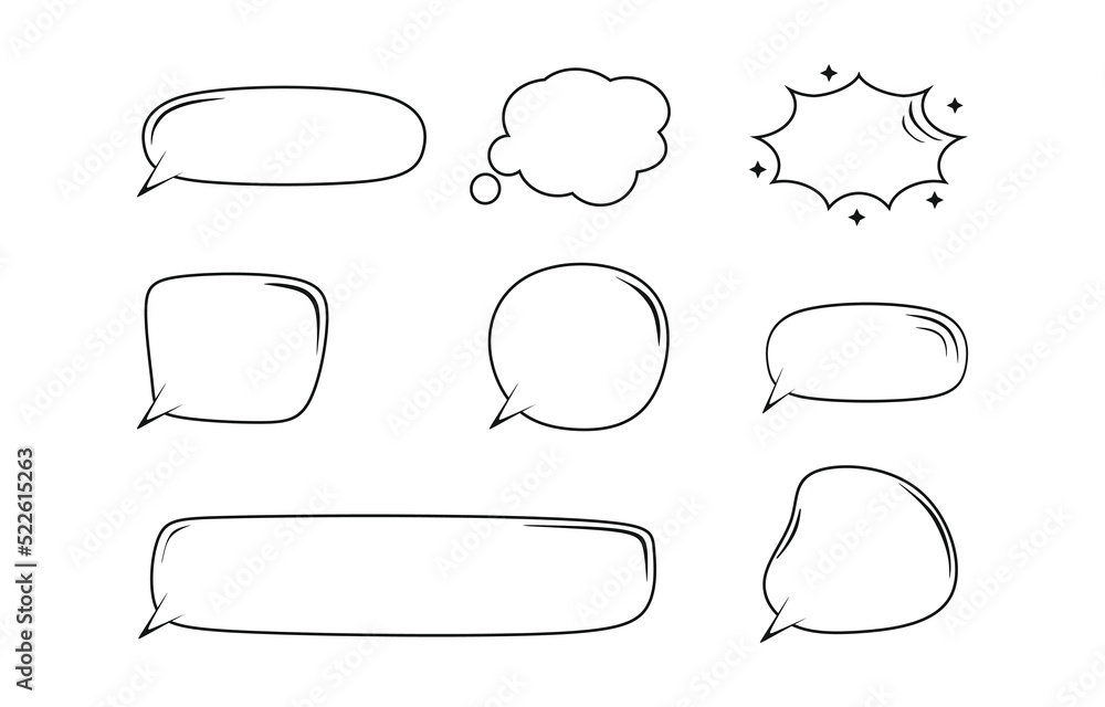 Fototapeta premium Empty bubbles and elements with black lines on a white background. Doodle cartoon speech bubbles vector illustration. numbering speech isolated