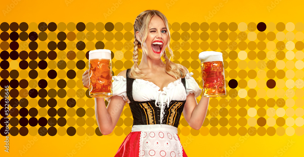 Picture of oktoberfest in Germany. Sexy Oktoberfest girl in traditional  german dirndl, serving big beer mugs with drink isolated on black  background. Stock-Foto | Adobe Stock