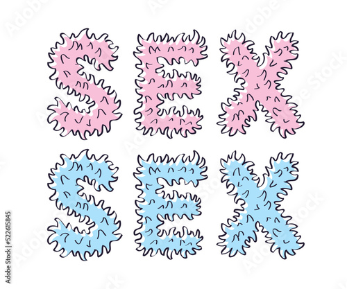 Pink and blue furry sex word text letters, plush, fluffy, feathers, or blooming flower petals shape hand drawn doodle line style vector illustration, sex shop banner lettering print design.