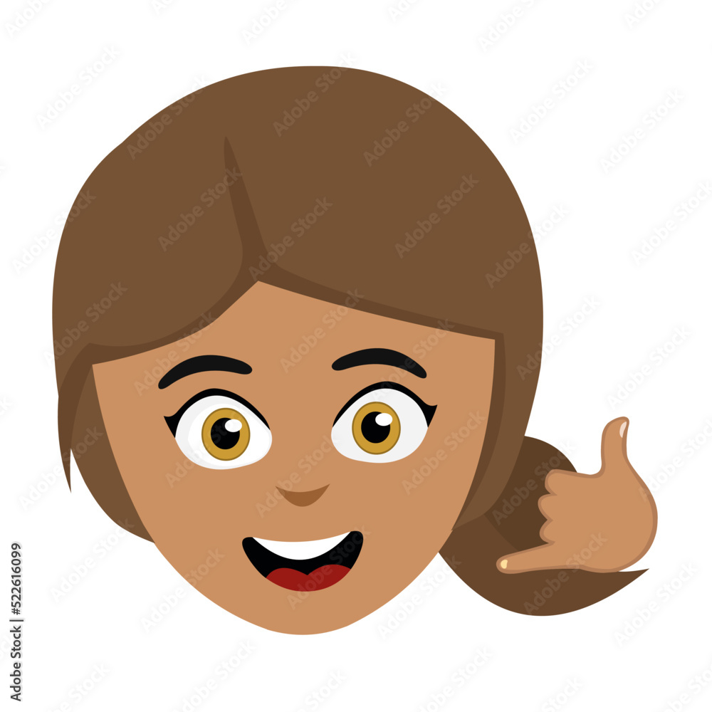 Vector illustration of the face of a cartoon brunette woman making the classic call me on the phone gesture with her hand