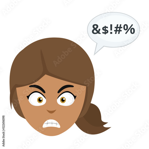 Vector illustration of the face of a brunette woman cartoon with an angry expression and a bubble of dialogue with an insulting text