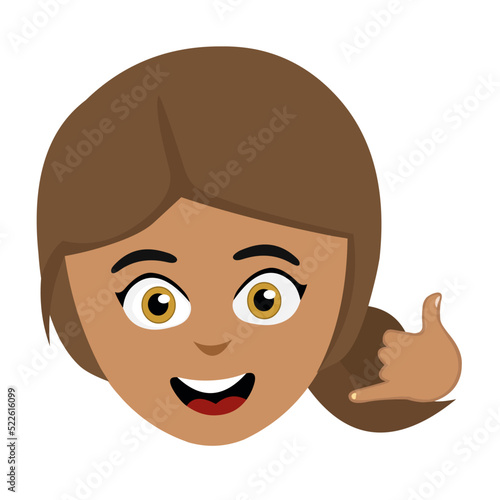 Vector illustration of the face of a cartoon brunette woman making the classic call me on the phone gesture with her hand