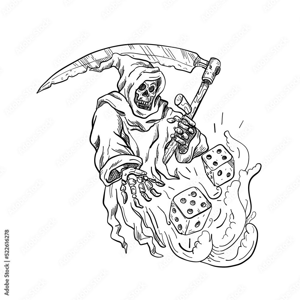 Naklejka premium The Grim Reaper Rolling the Dice Drawing Black and White