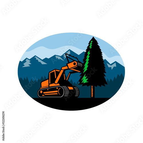 Forestry Mulcher Tearing Tree Oval Retro