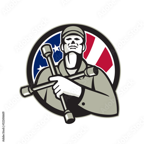 American Tire Mechanic Holding Tire Wrench USA Flag Circle Retro