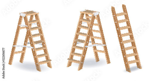 set of realistic wooden stairs or metal ladder step for construction needs or staircase ladder with rope. eps vector

