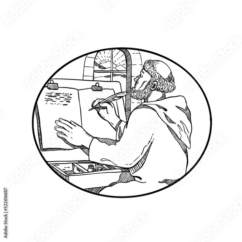 Monastic Monk Writing Illuminated Manuscript Drawing Black and White photo