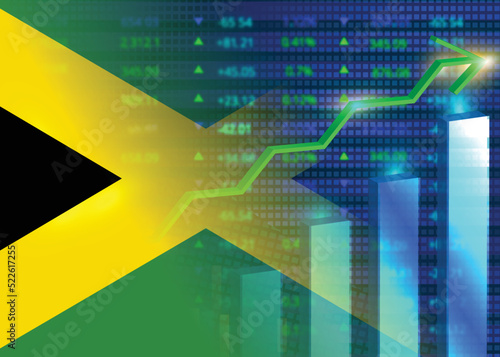 Economic growth in Jamaica.Jamaica's stock market.Jamaican flag with charts,growth arrow