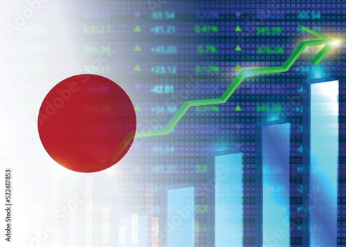 Economic growth in Japan.Japan's stock market.Japanese flag with charts,growth arrow