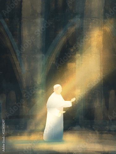 Pope with light shining, textured illustration on religion. Vatican or old cathedral background. Bishop of Rome in white. photo