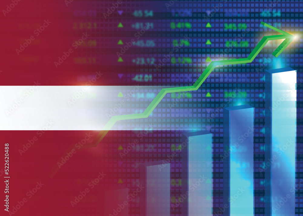 Fototapeta premium Economic growth in Latvia.Latvia's stock market.Latvian flag with charts,growth arrow