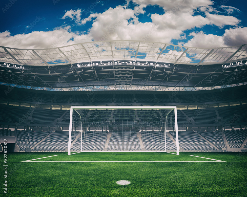 Soccer goalpost and stands in the stadium. 3D Rendering