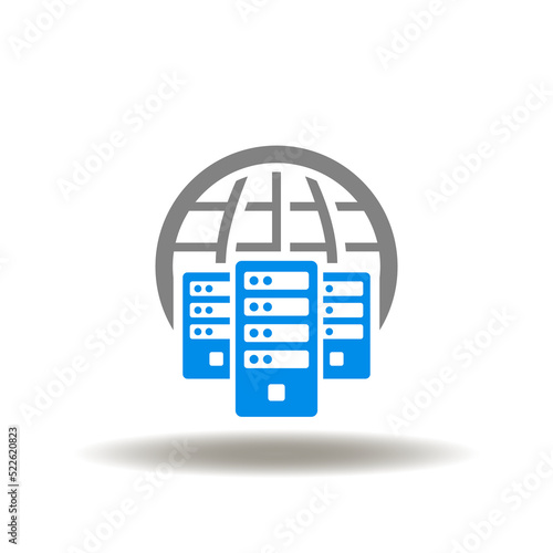 Vector illustration of earth planet with server. Icon of database. Symbol of data center network.