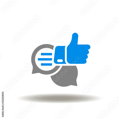 Vector illustration of speech bubbles with thumb up gesture. Icon of client discussion, assessment, like, satisfaction. Symbol of CX Customer Experience. Sign of approved.