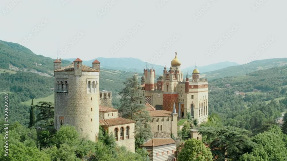 Aerial drone panoramic view of the Rocchetta Mattei castle in Italy on sunny summer day, view from above. High quality 4k footage Aerial drone panoramic view of the Rocchetta Mattei castle in Italy on sunny summer day, view from above. High quality 4k footage