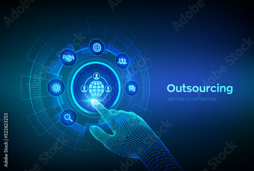 Outsourcing and HR. Social network and global recruitment. Global Recruitment Business and internet concept on virtual screen. Robotic hand touching digital interface. Vector illustration.