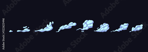 Smoke cloud animation. Cartoon motion explosions. Comic clouds, steaming smoke flows, air trail, dust, explosion, smog, bang, boom, sprite and bubble. Isolated vector illustration