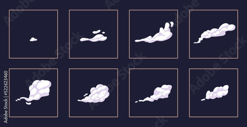 Explode effect animation with smoke. Exploding, blasting, bursting element from fume, gas, ash. Cartoon explosion animated shot, explode clouds frames. Movement puff effect