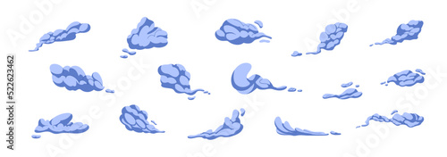 Steam cloud puffs of different shapes and sizes. Isolated abstract vapor silhouette flow, smoky elements of gas explosions, dust or vapor. Comic clouds, steaming smoke flows, steam explosion cloud.