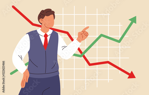 Restoring the world economy. Stock market slump. World economy recession. Businessman shows a graph. Flat vector illustrations
