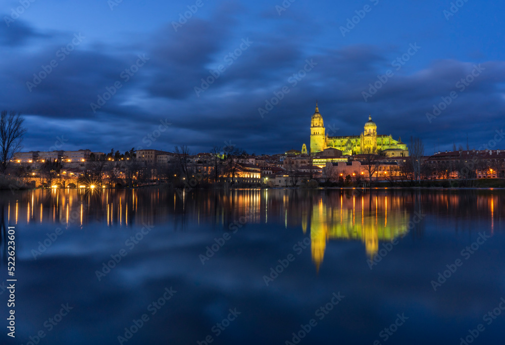 Panoramic view and reflections on the water of the city of Salamanca (Spain) at night.