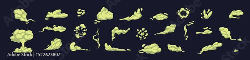 Cartoon bad smell toxic clouds. Bad smell toxic clouds. Smelling smoke. Green stink aroma and stinky smoke cartoon. Isolated vector illustration
