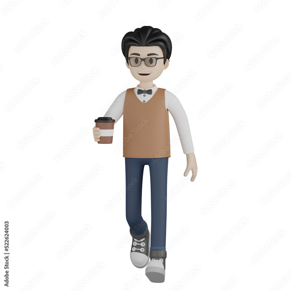 3d man with glasses and a bag