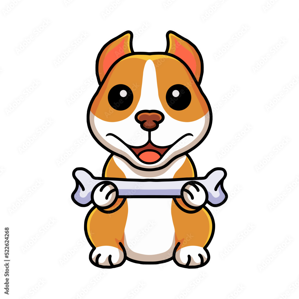 Fototapeta premium Cute little pitbull cartoon holding a bone