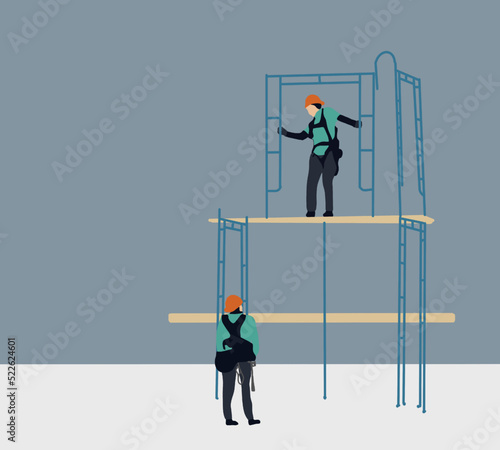 Construction worker on scaffolding. device for worker with hooks for safety body harness. Working at height equipment.
