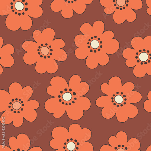 Monochrome Orange and Brown Large Scale Hand-Drawn Floral Vector Seamless Pattern. Retro 70s Style Nostalgic Fashion Textile Bold Background. Summer Resort Print. Daisies. Flower Power