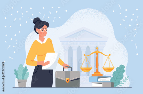 Lawyer at workplace. Woman with briefcase in front of courthouse and scales of justice. Jurisprudence and legislation. Attorney or notary, protection of business. Cartoon flat vector illustration