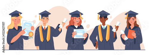 School graduation set. Collection of graduates with diplomas and certificates. Adolescents have successfully completed their studies at institute or university. Cartoon flat vector illustration