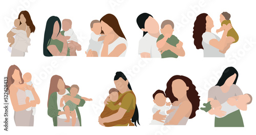 Set of mothers with babies on white background
