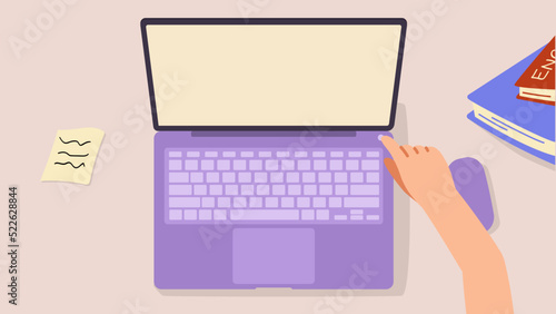 Online education concept. Hand of preschooler or child starts or turns on laptop or digital device to view remote school lessons. Elearning and knowledge acquisition. Cartoon flat vector illustration
