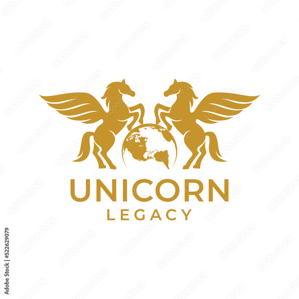 Obraz premium Unicorn logo design with 2 unicorn and globe world