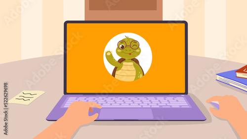 Child watching cartoons concept. Cute smart turtle on laptop screen. Educational programs and entertainment for preschoolers. Remote learning or webinar. Cartoon modern flat vector illustration