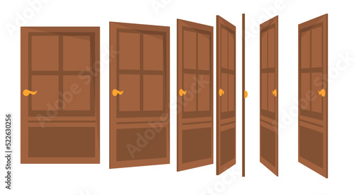 Door for animation. Set of sprites of different stages of closing or opening wooden door. Entering or leaving house. Design for videos. Cartoon flat vector collection isolated on white background
