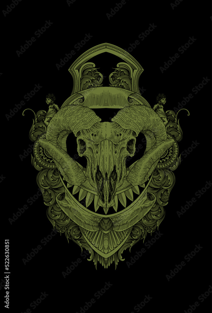 Fototapeta premium Goat skull with ornament and baby artwork illustration