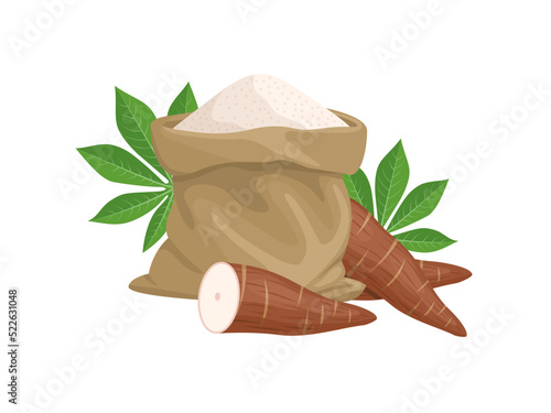 Vector illustration, cassava flour in a burlap sack, with cassava and leaves, isolated on a white background.