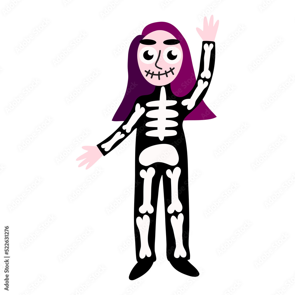 Skeleton costume girl for Halloween vector illustration. Happy waving girl with skull makeup and skeleton costume isolated on white. Funny hand-drawn cartoon girl is ready for Halloween party Skeleton costume girl for Halloween vector illustration. Happy waving girl with skull makeup and skeleton costume isolated on white. Funny hand-drawn cartoon girl is ready for Halloween party