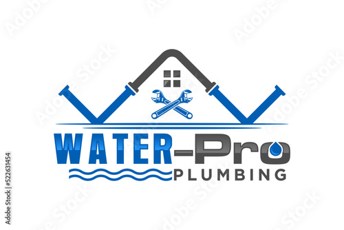 Wrench pipe logo design roof house workshop repair tool real estate plumbing service