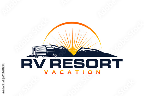 RV logo recreational vehicle car design  sunset mountain holiday vacation trailer transportation