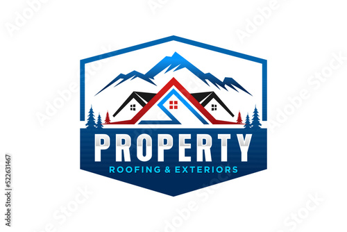 Property house logo real estate emlem hexagon shape mountain hill window roof family home 