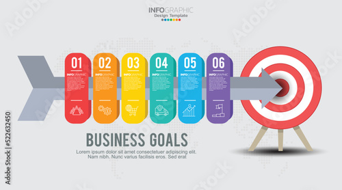 Target with six steps to your goal infographic template for web, business, presentations.
