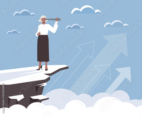 Person looking on future. Woman with binoculars looks forward, goal setting metaphor. Entrepreneur evaluates ways of development of company. Motivation and leadership. Cartoon flat vector illustration
